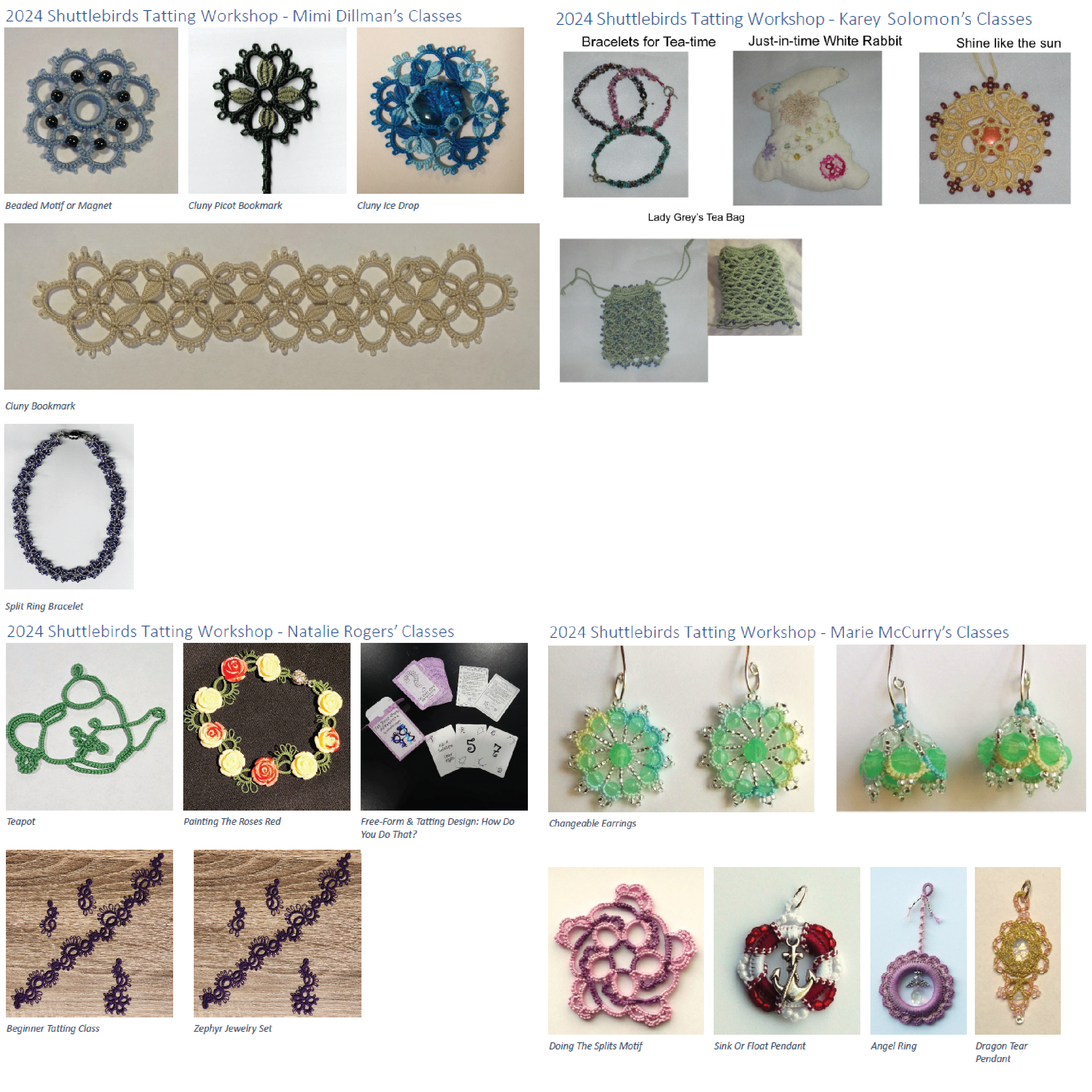 Pictures of each tatting class offered sorted by teacher